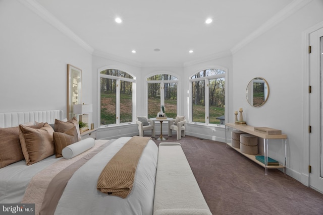 bedroom featuring baseboards, carpet flooring, recessed lighting, and crown molding