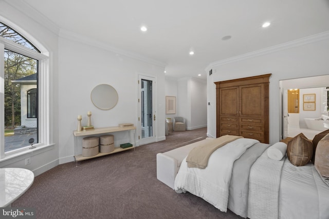 carpeted bedroom featuring visible vents, baseboards, recessed lighting, and ornamental molding