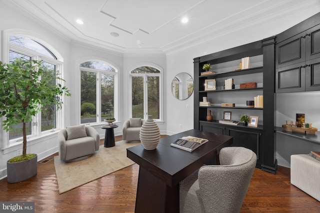 office area with radiator, dark wood-style floors, visible vents, ornamental molding, and baseboards