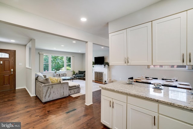 4705 Exeter St, Annandale, VA 22003 - kitchen featuring open floor plan, white cabinets, dark wood-style floors, a fireplace, and light stone counters