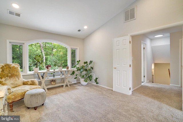 4705 Exeter St, Annandale, VA 22003 - living area with carpet floors, recessed lighting, high vaulted ceiling, and baseboards