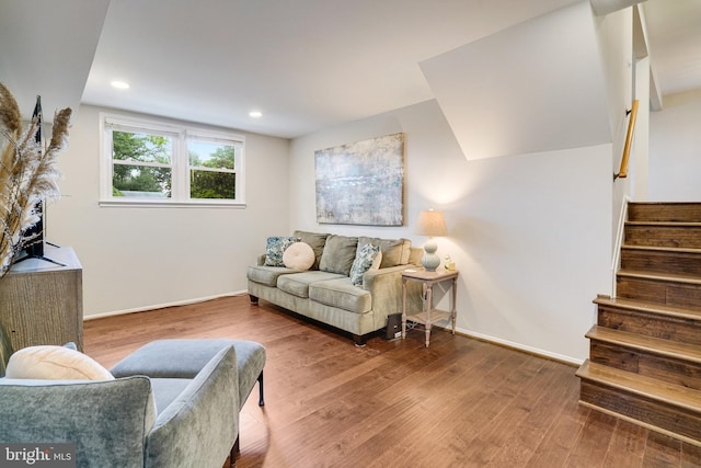 4705 Exeter St, Annandale, VA 22003 - living area featuring stairway, baseboards, wood finished floors, and recessed lighting