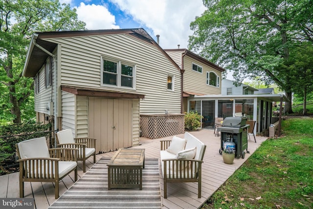 4705 Exeter St, Annandale, VA 22003 - deck with outdoor lounge area, a sunroom, and a grill