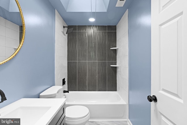 bathroom with visible vents, shower / washtub combination, toilet, vanity, and marble finish floor