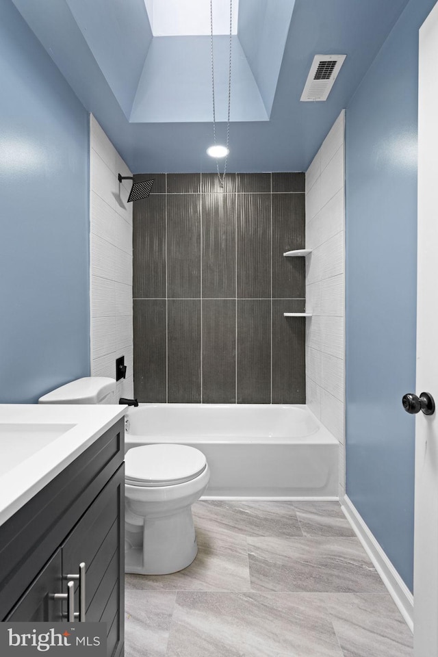 full bath featuring visible vents, baseboards, toilet,  shower combination, and vanity