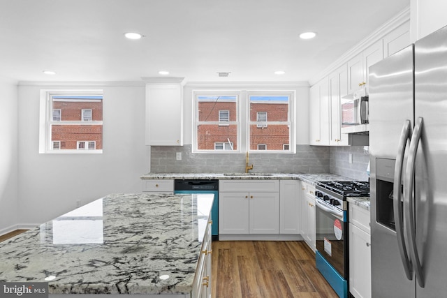 kitchen with tasteful backsplash, a sink, white cabinetry, and stainless steel appliances