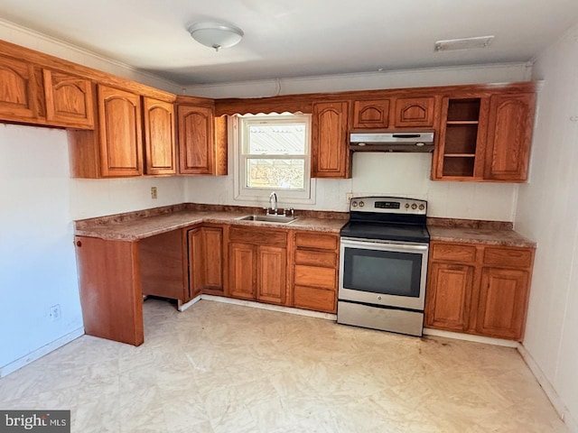 kitchen featuring under cabinet range hood, stainless steel electric range, brown cabinetry, and a sink