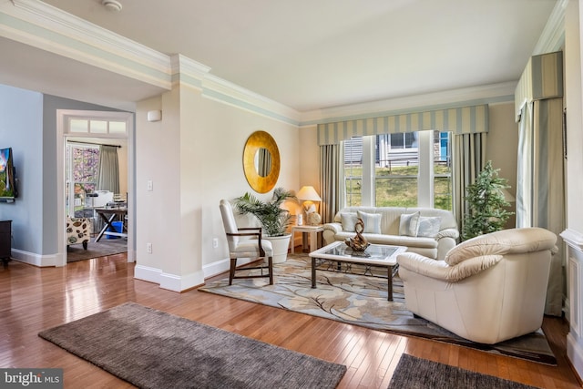 3716 Taft Ave, Alexandria, VA 22304 - living area with hardwood / wood-style floors, a healthy amount of sunlight, crown molding, and baseboards