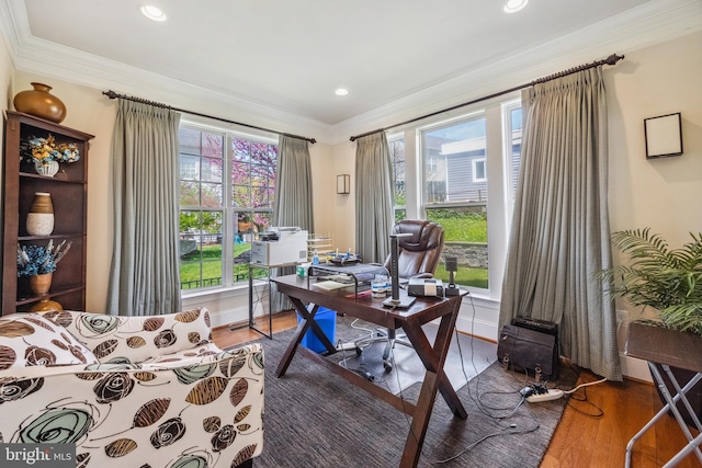 3716 Taft Ave, Alexandria, VA 22304 - home office with baseboards, crown molding, wood finished floors, and recessed lighting