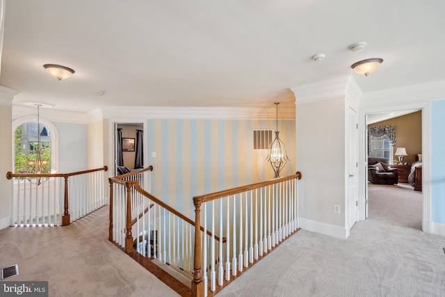 3716 Taft Ave, Alexandria, VA 22304 - hall with carpet, visible vents, crown molding, and an upstairs landing