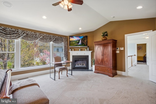 3716 Taft Ave, Alexandria, VA 22304 - living room featuring carpet, lofted ceiling, visible vents, a healthy amount of sunlight, and ceiling fan