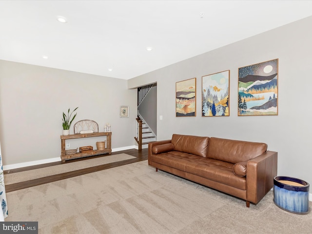 551 Timbermill Ct, Emmitsburg, MD 21727 - carpeted living room featuring recessed lighting, stairway, and baseboards