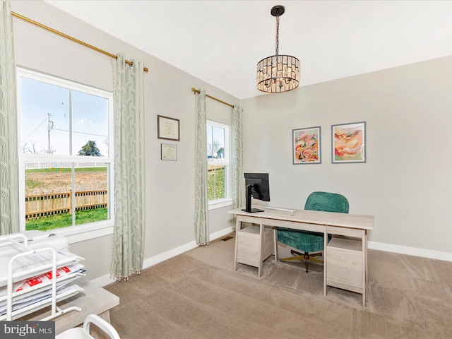 551 Timbermill Ct, Emmitsburg, MD 21727 - office featuring carpet flooring, baseboards, and an inviting chandelier