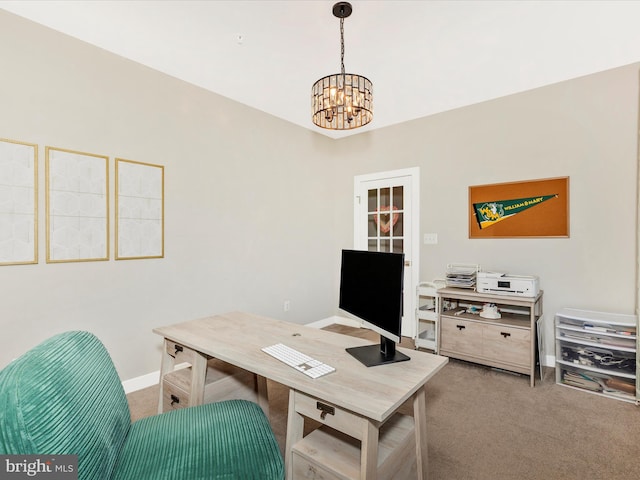 551 Timbermill Ct, Emmitsburg, MD 21727 - home office featuring an inviting chandelier, baseboards, and carpet