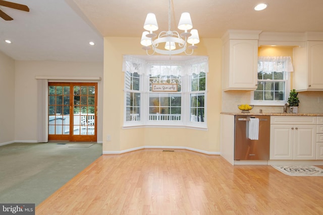 3713 Parkhurst Way, Baltimore, MD 21236 - kitchen featuring stainless steel dishwasher, a chandelier, recessed lighting, light wood-style flooring, and white cabinetry