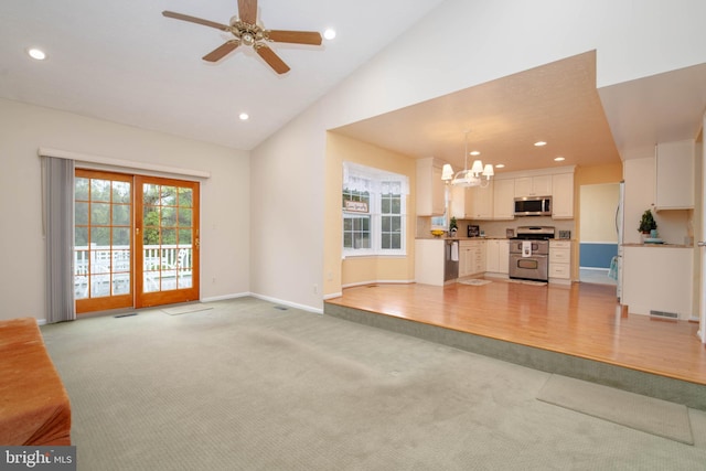 3713 Parkhurst Way, Baltimore, MD 21236 - unfurnished living room featuring a chandelier, light colored carpet, a ceiling fan, recessed lighting, and baseboards