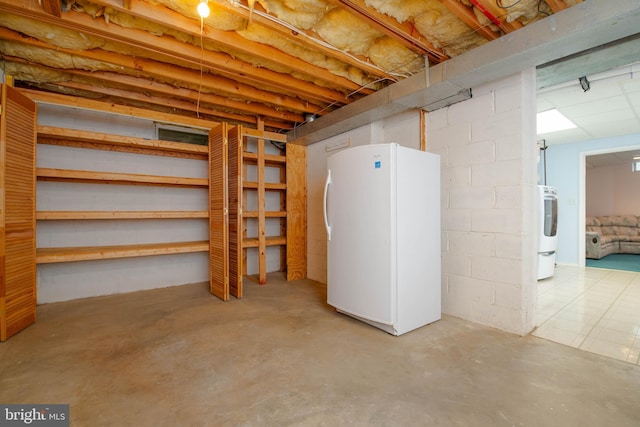 3713 Parkhurst Way, Baltimore, MD 21236 - unfinished below grade area featuring freestanding refrigerator, washer / clothes dryer, and concrete block wall