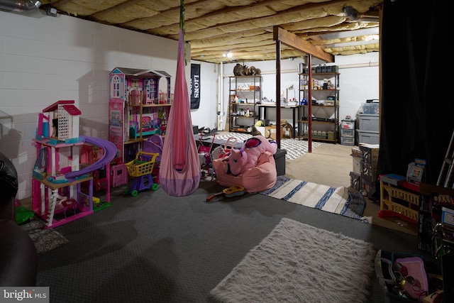 basement with carpet flooring and concrete block wall