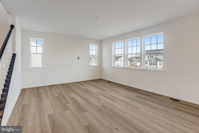 224 Camwood Ct, Fredericksburg, VA 22405 - unfurnished living room with stairway, visible vents, baseboards, and light wood-style flooring