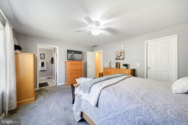 bedroom with baseboards, ceiling fan, and carpet