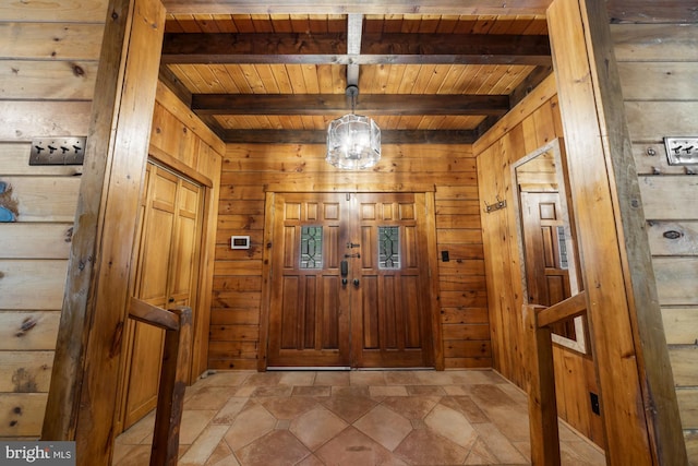 74 Madison Rd, Elmer, NJ 08318 - foyer entrance featuring wood ceiling with exposed beams and wooden walls