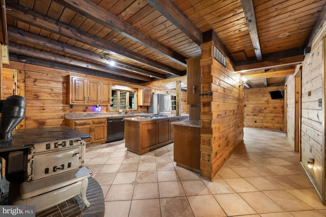 74 Madison Rd, Elmer, NJ 08318 - kitchen featuring black dishwasher, wooden walls, wooden ceiling with exposed beams, light tile patterned floors, and a center island