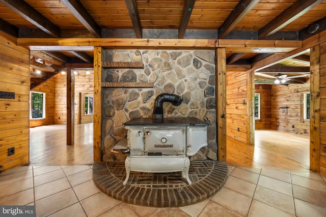 74 Madison Rd, Elmer, NJ 08318 - detailed view of wooden walls, wood ceiling with exposed beams, a wood stove, and a ceiling fan