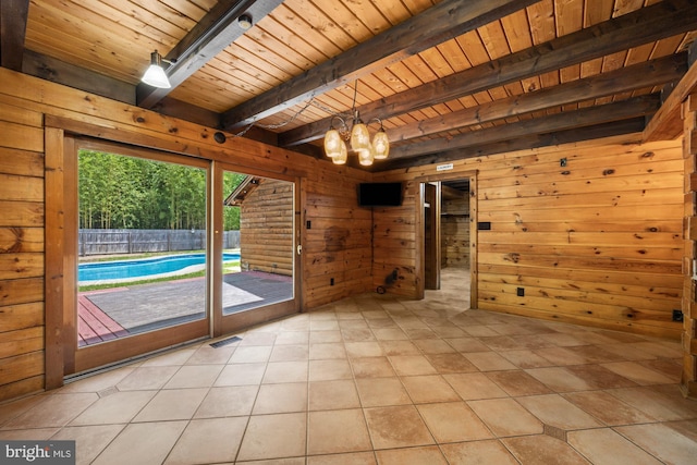 74 Madison Rd, Elmer, NJ 08318 - empty room featuring wood ceiling with exposed beams, wood walls, and a chandelier