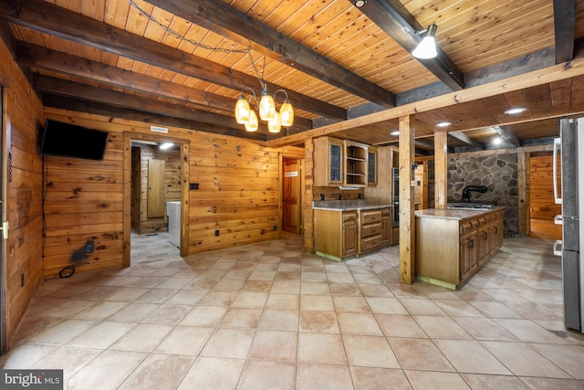 74 Madison Rd, Elmer, NJ 08318 - kitchen featuring wooden ceiling with exposed beams, wooden walls, glass insert cabinets, a wood stove, and a chandelier