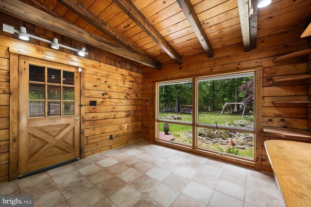 74 Madison Rd, Elmer, NJ 08318 - entryway with wooden ceiling with exposed beams and wood walls