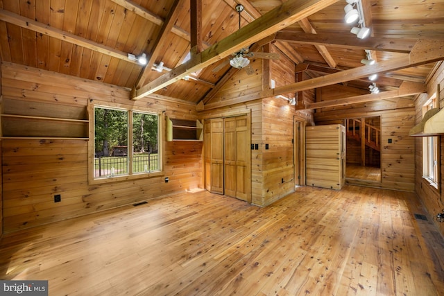 74 Madison Rd, Elmer, NJ 08318 - unfurnished living room featuring wood walls, light wood-type flooring, wooden ceiling with exposed beams, high vaulted ceiling, and track lighting
