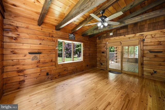 74 Madison Rd, Elmer, NJ 08318 - unfurnished room featuring wood ceiling, light wood-type flooring, ceiling fan, wooden walls, and healthy amount of natural light