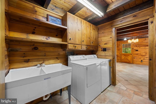 74 Madison Rd, Elmer, NJ 08318 - washroom with cabinet space, wood ceiling, washing machine and dryer, and wooden walls