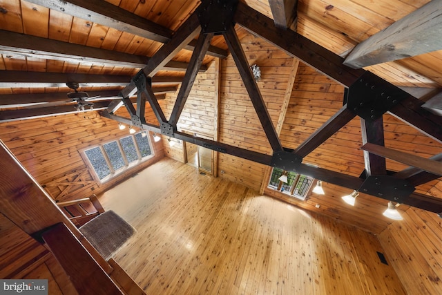 74 Madison Rd, Elmer, NJ 08318 - detailed view of wooden ceiling with exposed beams, a ceiling fan, and wood finished floors