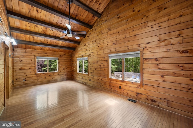 74 Madison Rd, Elmer, NJ 08318 - unfurnished room with wood-type flooring, wooden ceiling, wood walls, and ceiling fan