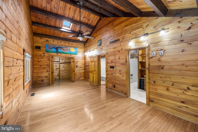 74 Madison Rd, Elmer, NJ 08318 - spare room featuring wood walls, light wood-type flooring, wooden ceiling, and a ceiling fan