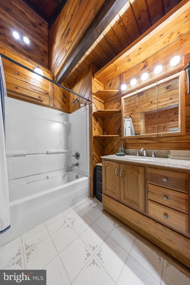 74 Madison Rd, Elmer, NJ 08318 - full bathroom with shower / washtub combination, vanity, tile patterned floors, wood walls, and wooden ceiling