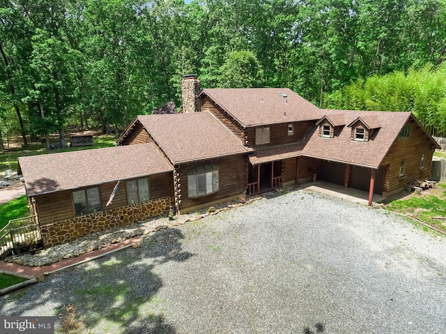 74 Madison Rd, Elmer, NJ 08318 - log home with driveway, a chimney, roof with shingles, and a porch