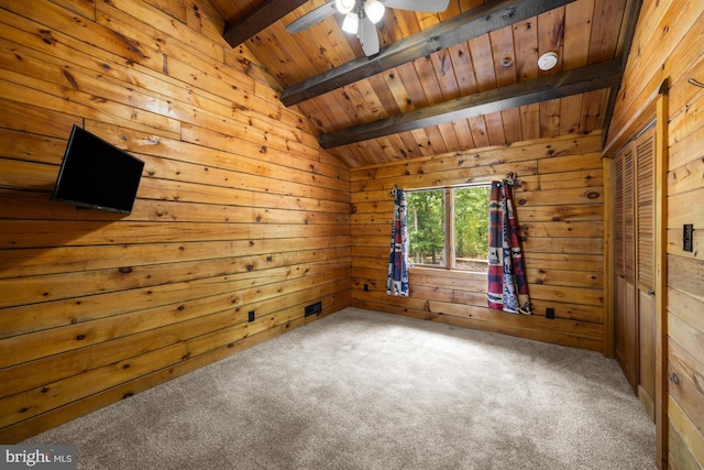 74 Madison Rd, Elmer, NJ 08318 - unfurnished room featuring wooden ceiling, wood walls, carpet floors, and a ceiling fan