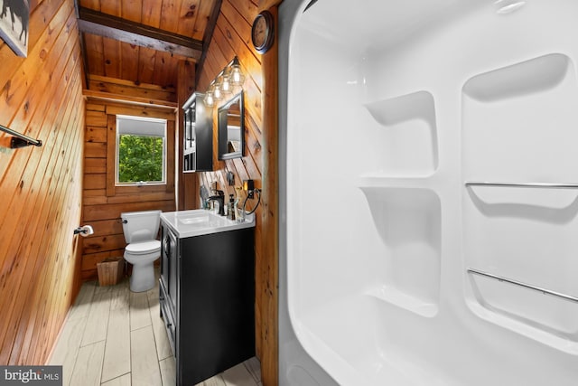 74 Madison Rd, Elmer, NJ 08318 - full bath featuring wooden walls, toilet, vanity, a shower, and wood ceiling