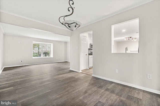 8794 Inspiration Ct, Walkersville, MD 21793 - unfurnished living room featuring baseboards, crown molding, and wood finished floors