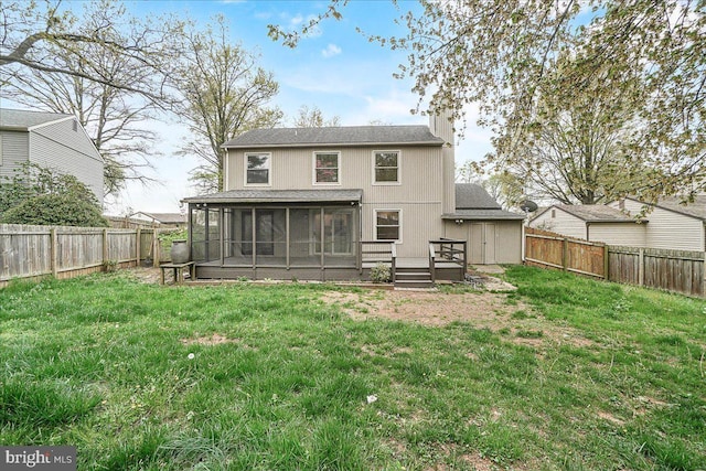 8794 Inspiration Ct, Walkersville, MD 21793 - back of property featuring a wooden deck, a sunroom, a fenced backyard, and a lawn