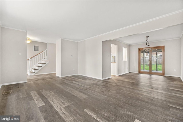 8794 Inspiration Ct, Walkersville, MD 21793 - unfurnished living room with baseboards, visible vents, crown molding, and stairs