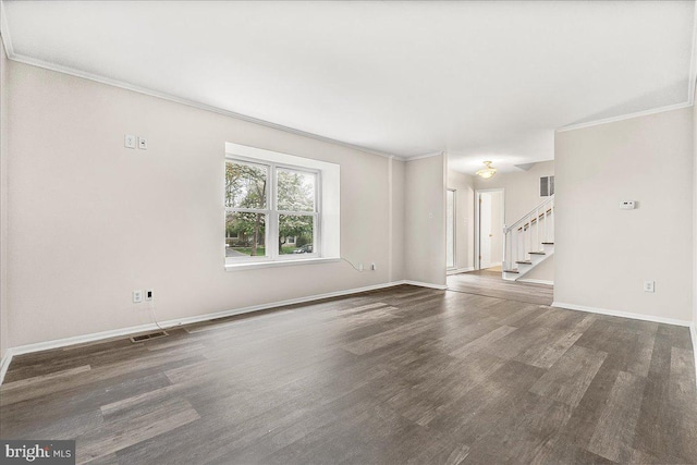 8794 Inspiration Ct, Walkersville, MD 21793 - unfurnished living room featuring baseboards, crown molding, wood finished floors, and stairs