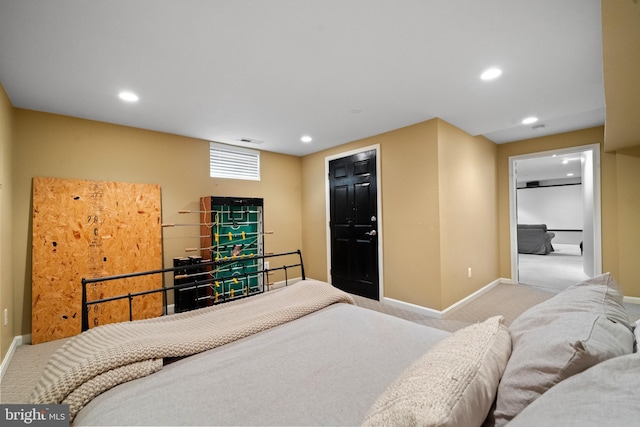 carpeted bedroom with baseboards, recessed lighting, and visible vents