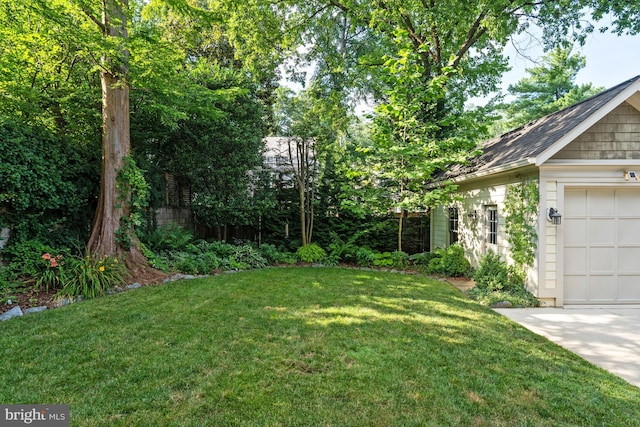 view of yard with a garage and an outdoor structure