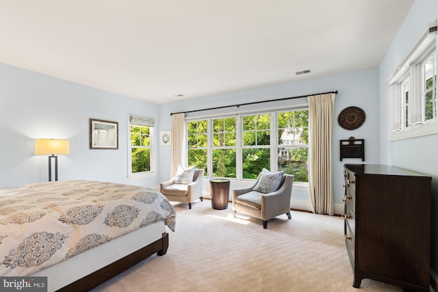 bedroom with visible vents and carpet