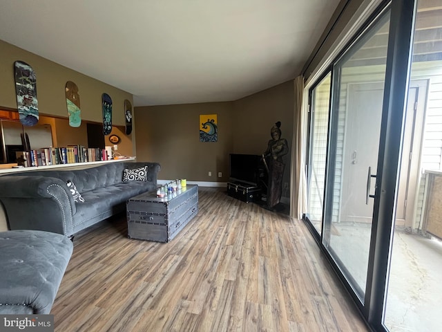 living area featuring baseboards and wood finished floors