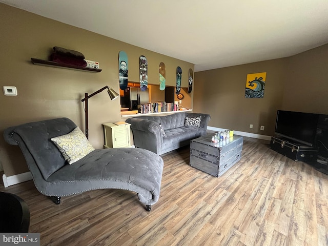 living area featuring baseboards and wood finished floors