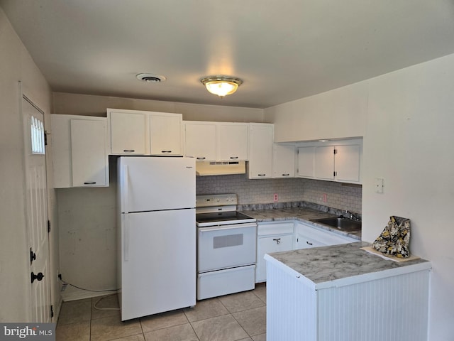 210 Aster Ln, Forest Hill, MD 21050 - kitchen featuring white appliances, under cabinet range hood, a sink, white cabinets, and light tile patterned flooring